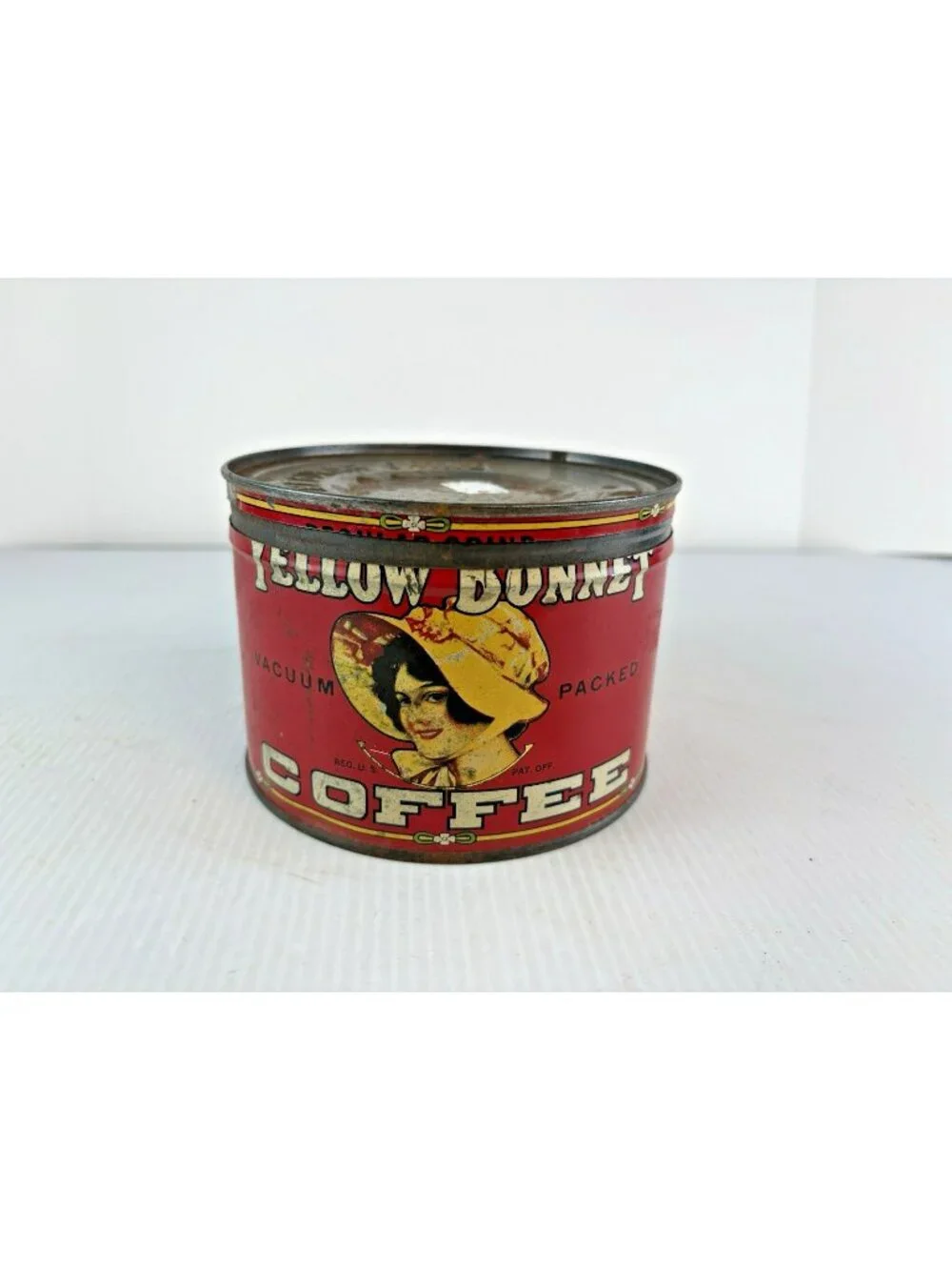 Vintage Yellow Bonnet Coffee Tin 1lb Springfield Grocer Co MO, 1920s-30s